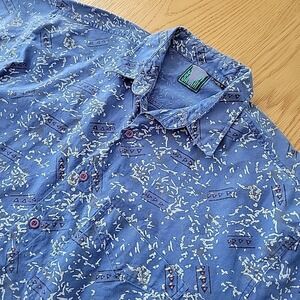 Vintage Shah Safari‎ Shirt Men's Large Abstract Button Up Short Sleeve Blue